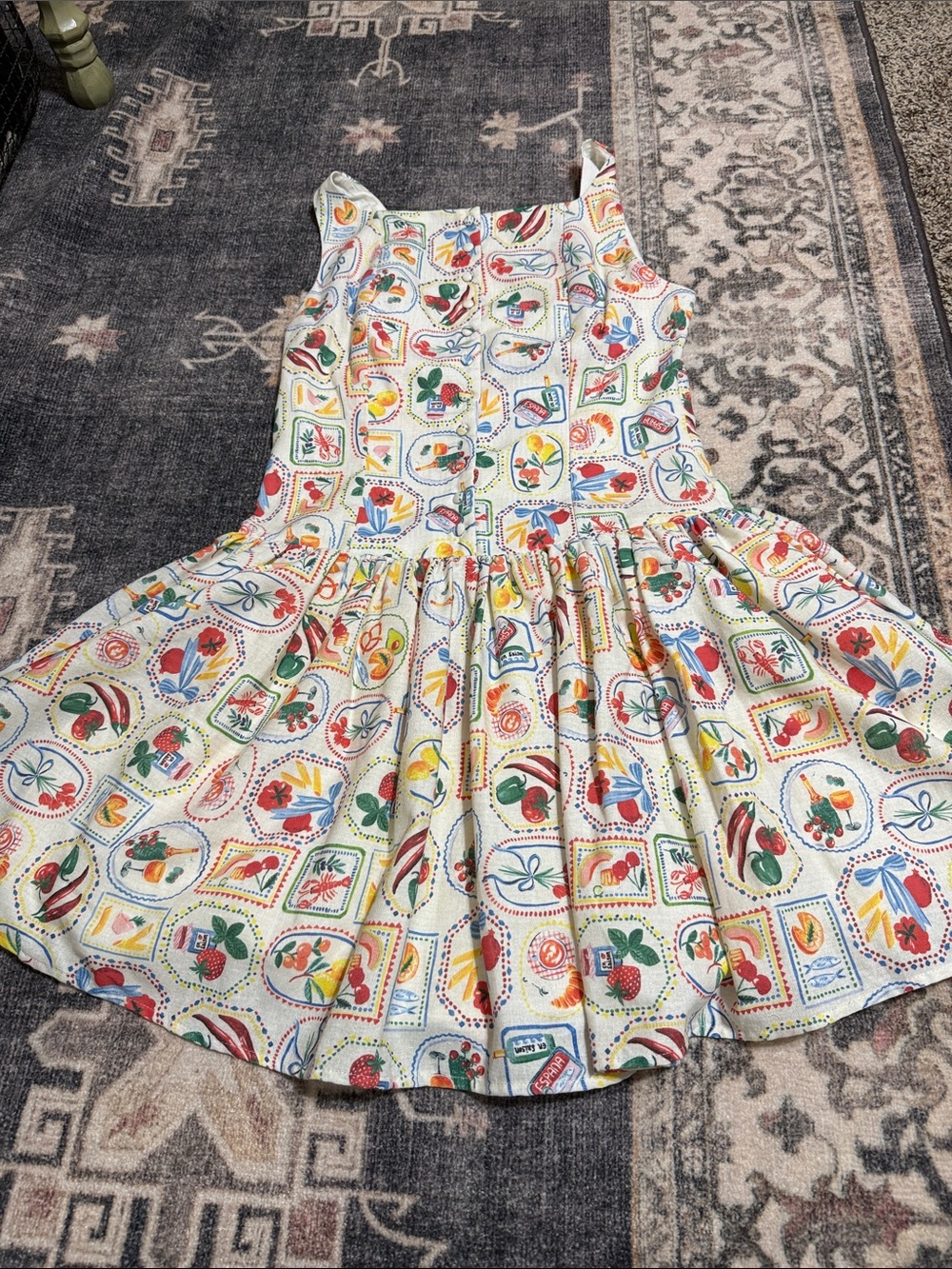 En Saison Cream Midi Dress with Red, Blue, Green & Yellow Fruit Print